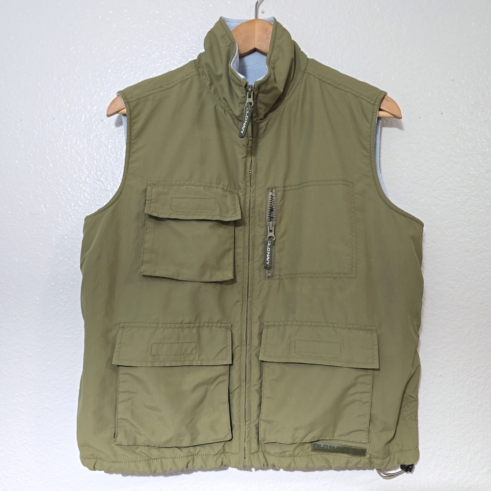 Old Navy Men's Fleece Lined Nylon Y2K Olive Green Utility Vest Vintage